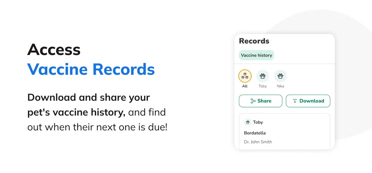 Pet Portal preview showing access to medical records.